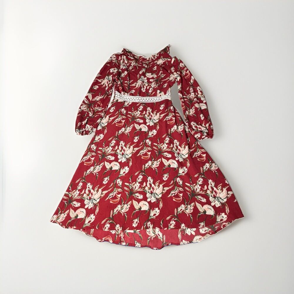 Boohoo Women’s US 6 Red Floral Midi Dress Long Sleeve Lace Trim Fit & Flare